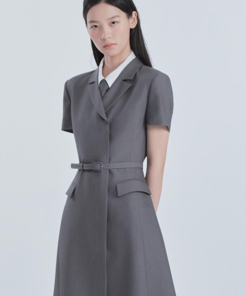Mausolleum Jenn Long Belted Half-Sleeve Dress - Gray