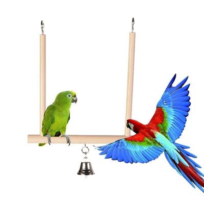 Bird Perch Parrot Play Toys Stand Holder Natural Wooden Swing Bell Cage Hanging
