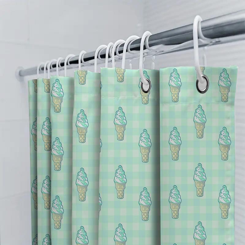 Cute Ice Cream Shower Curtain Set Waterproof Bathroom Decor Cartoon Vanilla Cone Pattern Fabric Backdrop Washable Liner