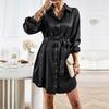 Elegant Women Long Sleeve Lace Up Dress Single Breasted Lapel Neck Autumn