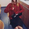 MOONSUN M.C Unisex, Stripe Wool Knit Cardigan / Deep Red