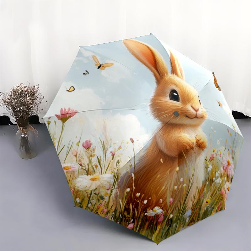 Rabbit and Flower pattern, automatic folding umbrella, portable and foldable design, 8 ribs, a Christmas or birthday gift.