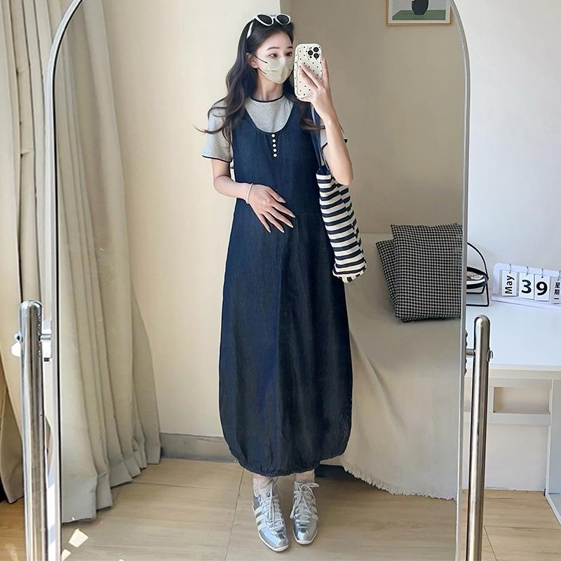 

2026 Color Block Two-Piece Cotton Top & Denim Ruffle Skirt Set M