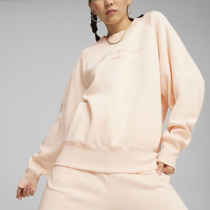 Puma Letter Embroidery Casual Crew Neck Pullover Sweatshirt Women Sweatshirt Peach 626036-64