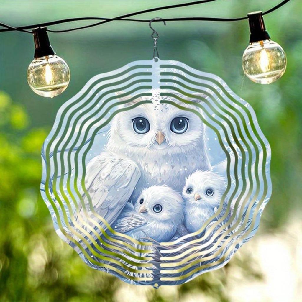 2D Mandala Wind Chime with Owl Family Pattern Metal Windmill Dynamic Sculpture for Garden Courtyard Hanging Decor Durable Outdoor