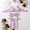 Blocking Color See Through Underwear Bra Thong with Waist Cover Three Piece Set Women's Sexy Purple Floral Embroideried Lingerie
