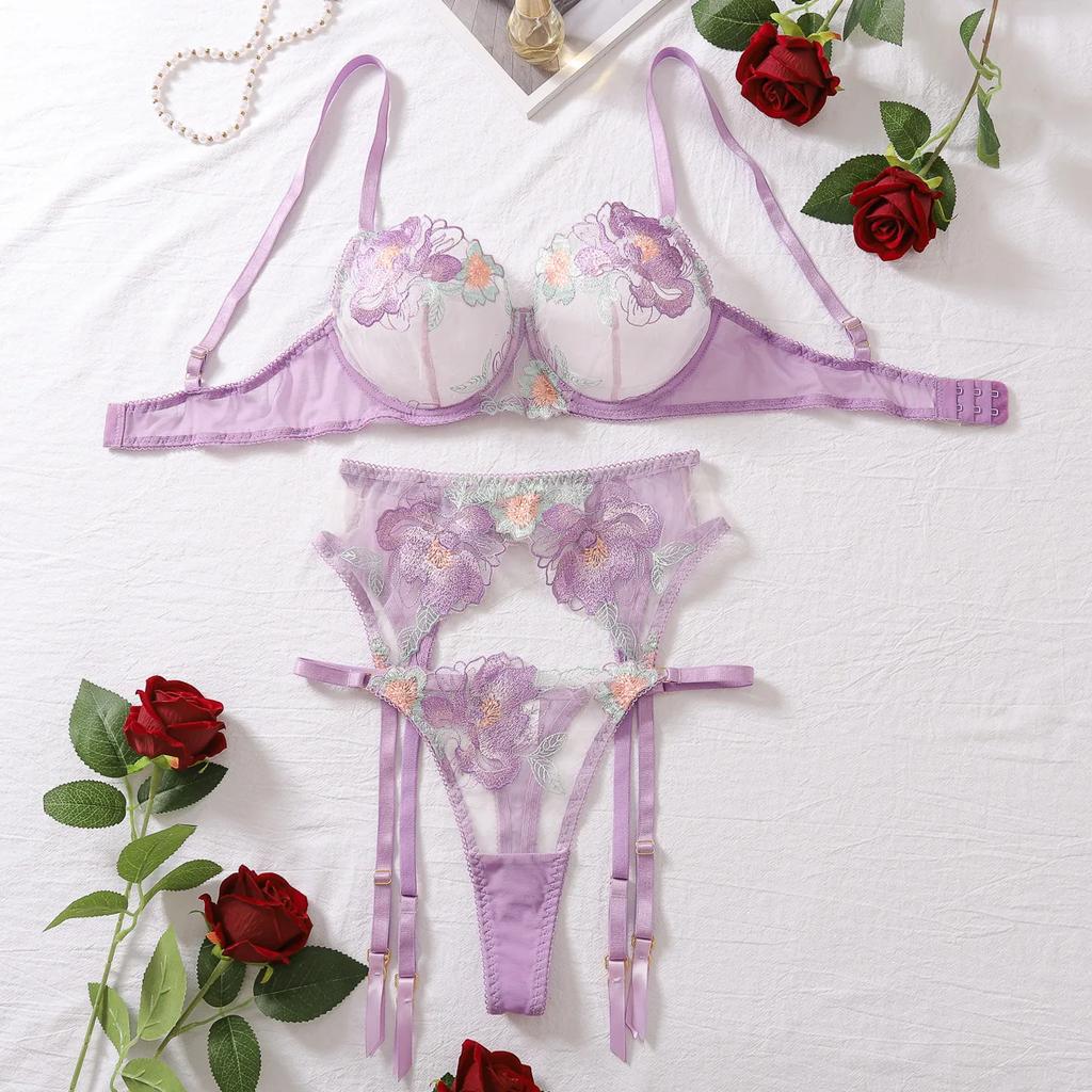 Blocking Color See Through Underwear Bra Thong with Waist Cover Three Piece Set Women's Sexy Purple Floral Embroideried Lingerie
