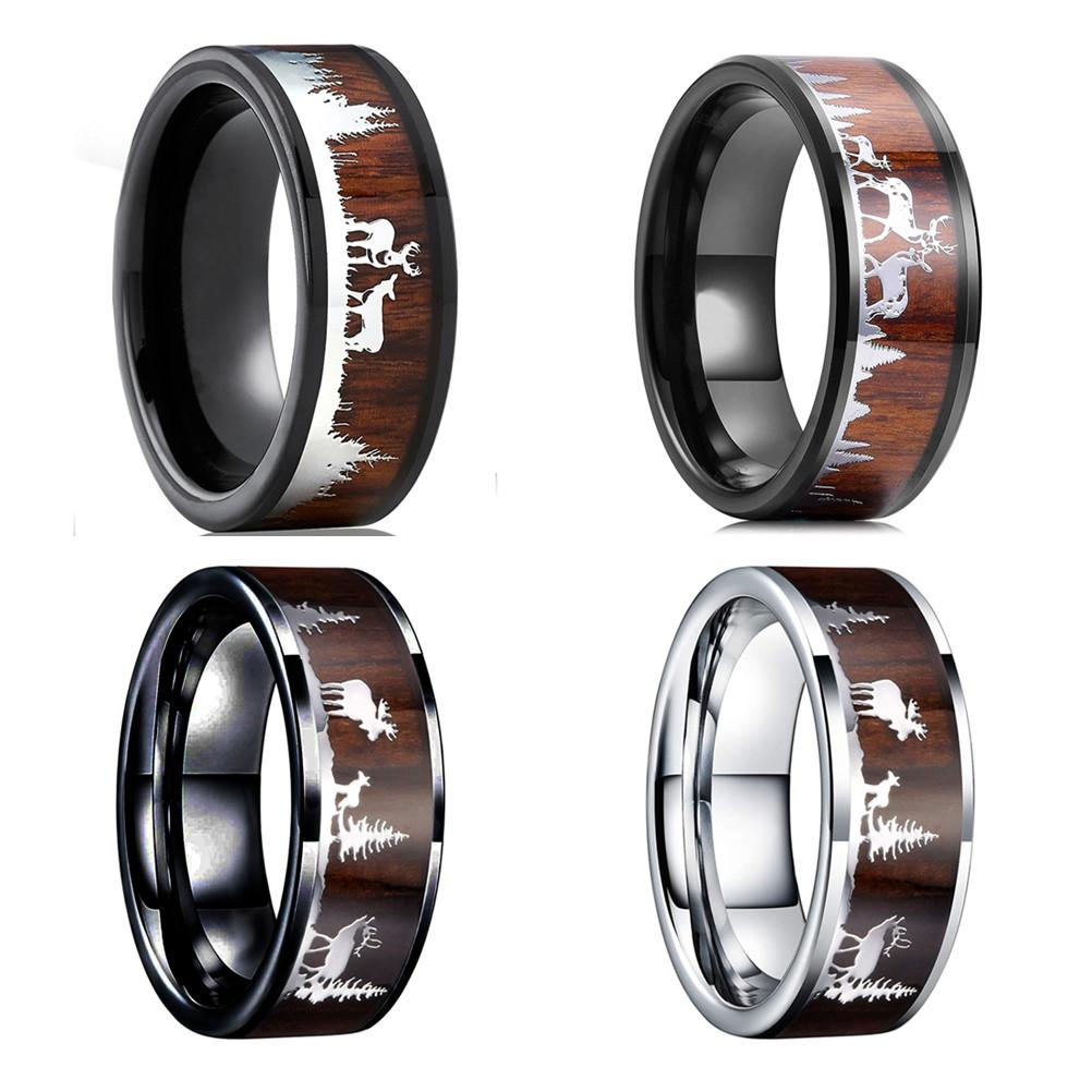 

Классическое мужское черное кольцо из нержавеющей стали 8 мм для охоты на дикую природу Коа, инкрустация деревом оленя, семейный силуэт, стальное кольцо, мужское обручальное кольцо