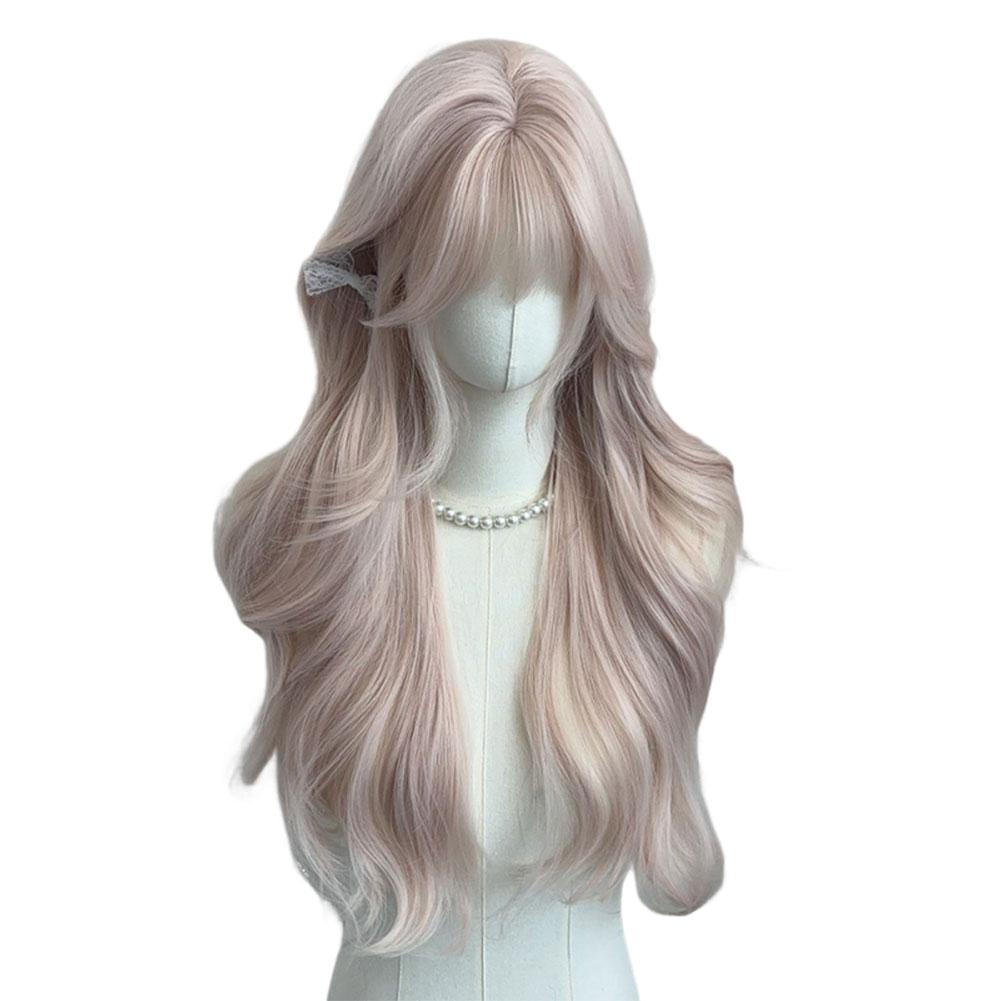 Women's Grey Pink Long Curly Synthetic Wig With Bangs Natural Long-Smooth Heat Resistant Wavy Wig For Cosplay Daily Wear
