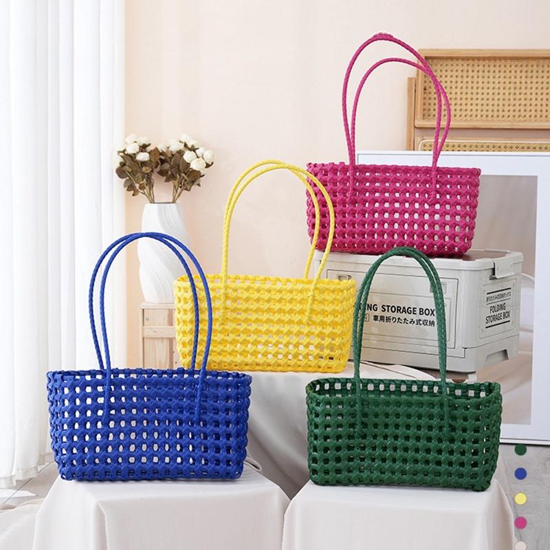 Handgefertigte Plastik-Hohlgeflecht-Tasche Landhausstil Große Kapazität Strand-Tragetasche Eimer-Tasche Damen-Handtasche Sommer-Strandtasche