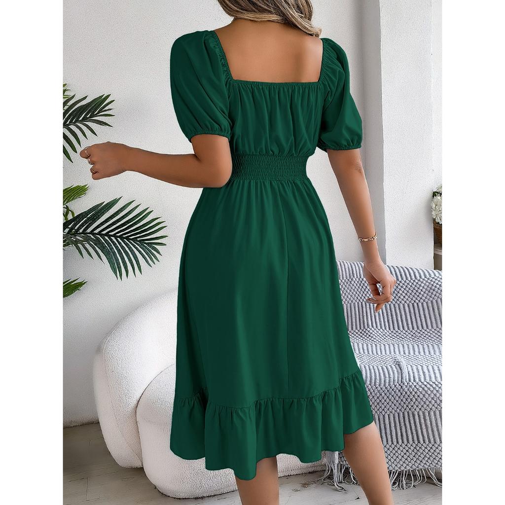 GMXIA Spring and Summer Casual Square-neck Short-sleeved, Waist-cinched, Ruffled A-line Skirt Women's Clothing