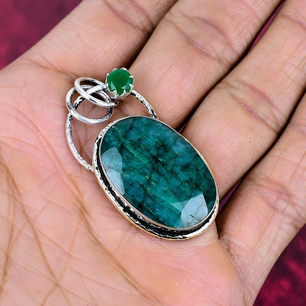 Lab Created Emerald & Green Onyx Pendant, 925 Sterling Silver Pendant Gemstone Jewelry, Handmade Pendant Amazing Jewelry, Gift For Her