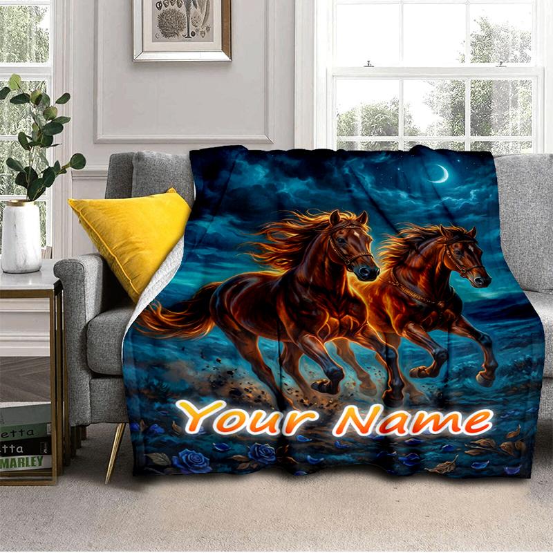1PC Custom Name Night Horse Run blanket versatile,all-season throw suitable for the living room,bedroom,camping,travel,and gift