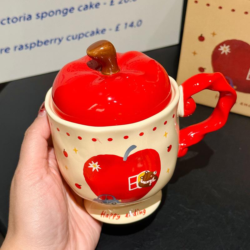 Cute Cartoon Bear Apple Goblet with Lid Cute Ceramic Mug As Gift for Best Friend Water Cup As Souvenir