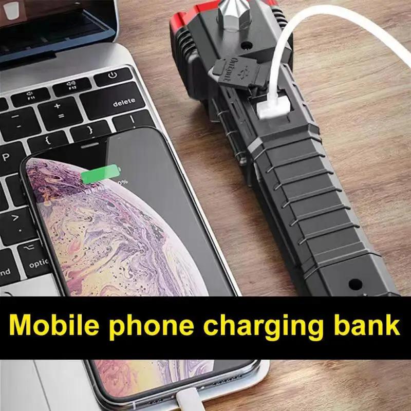 LED Flashlights Tactical Torch Rechargeable Portable Spotlight Long-Range Camping Flashlight With Safety Hammer COB Sidelight
