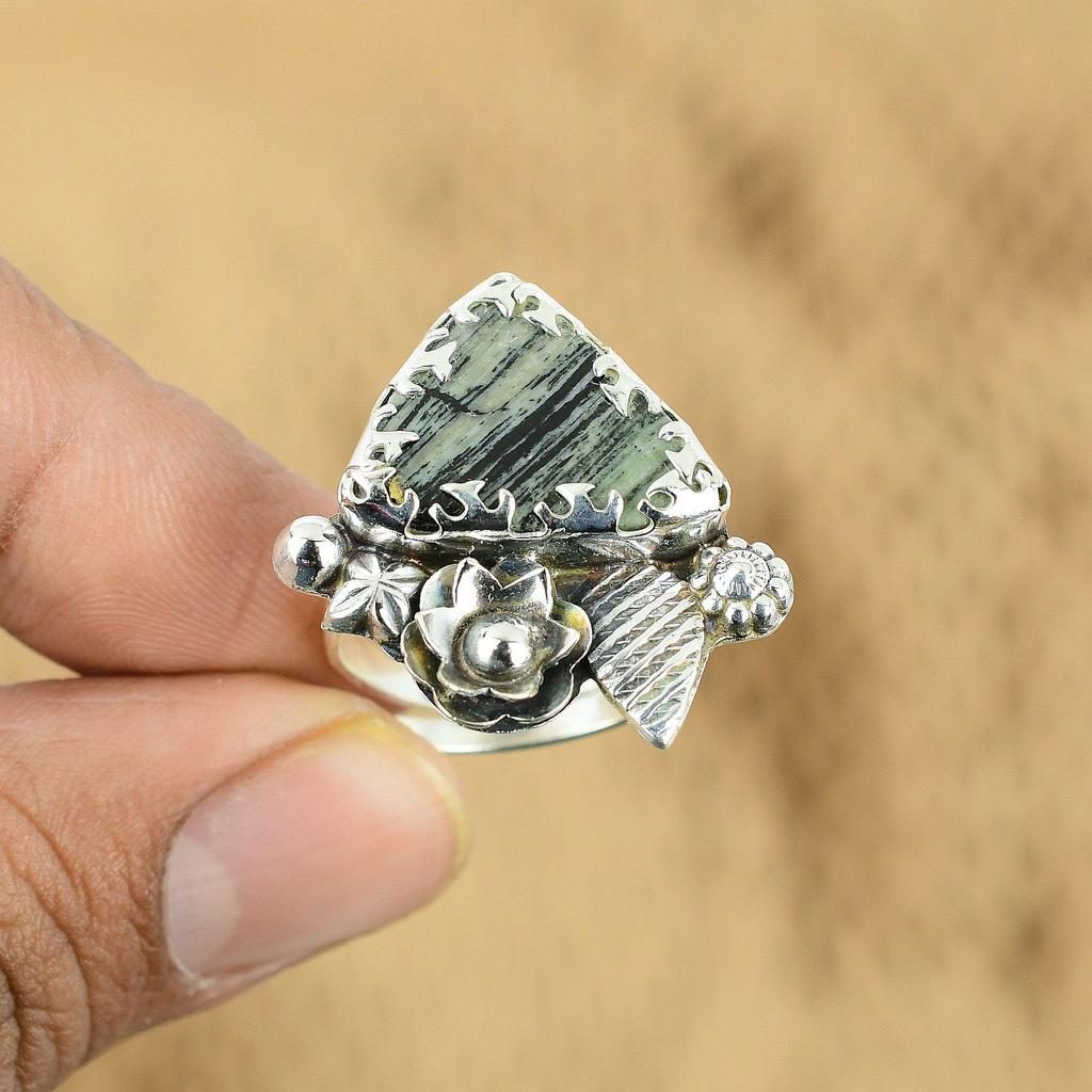 925 Sterling Silver Trillion Silver Leaf Jasper Gemstone New Promise Flower Ring
