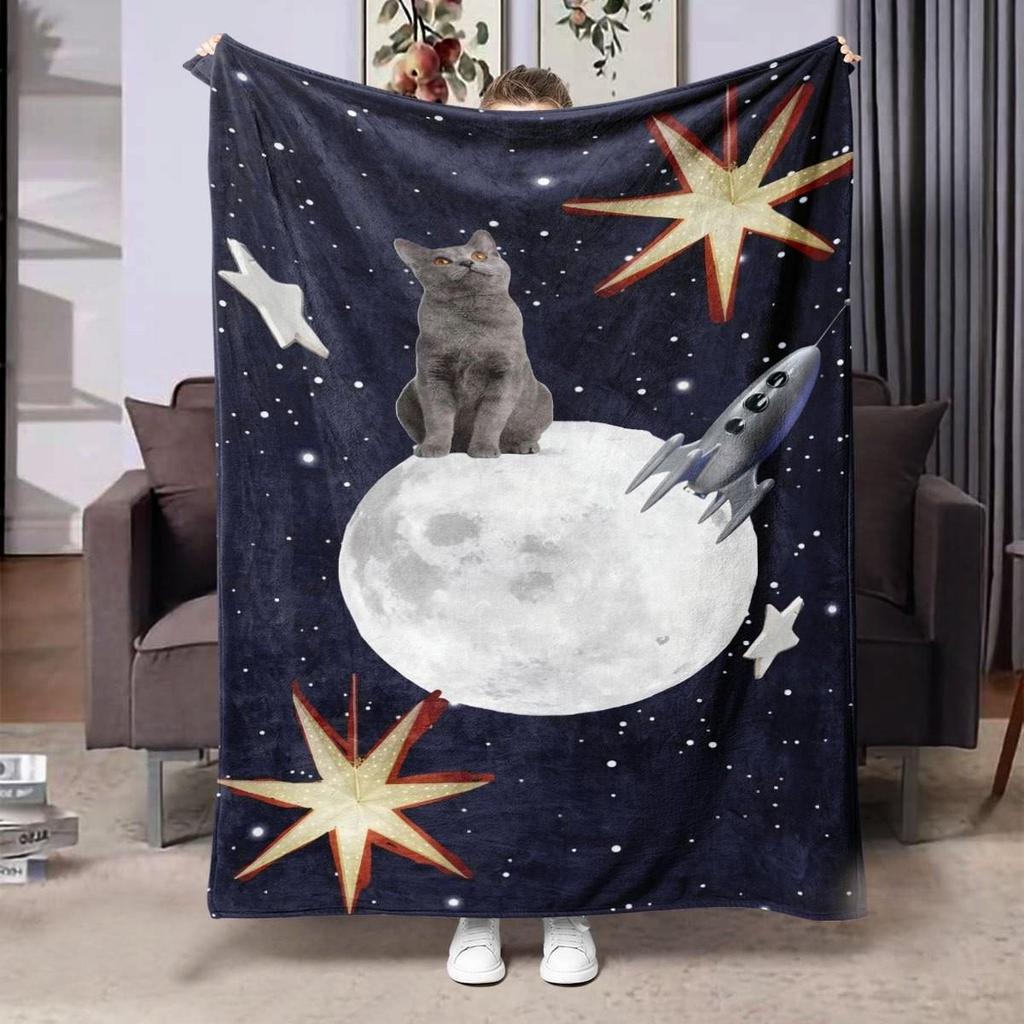 Cat On Moon Fleece Blanket Space Adventure Design Soft Cozy Throw Home Decor for Living Room or Bedroom Gift for Cat Lovers