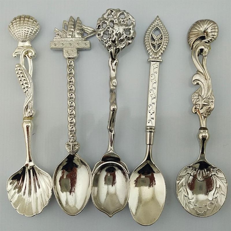 Retro Art Embossed Alloy Spoon Set 5Pcs Kitchen Utensils Durable Alloy Tableware Collection For Dining Elegances