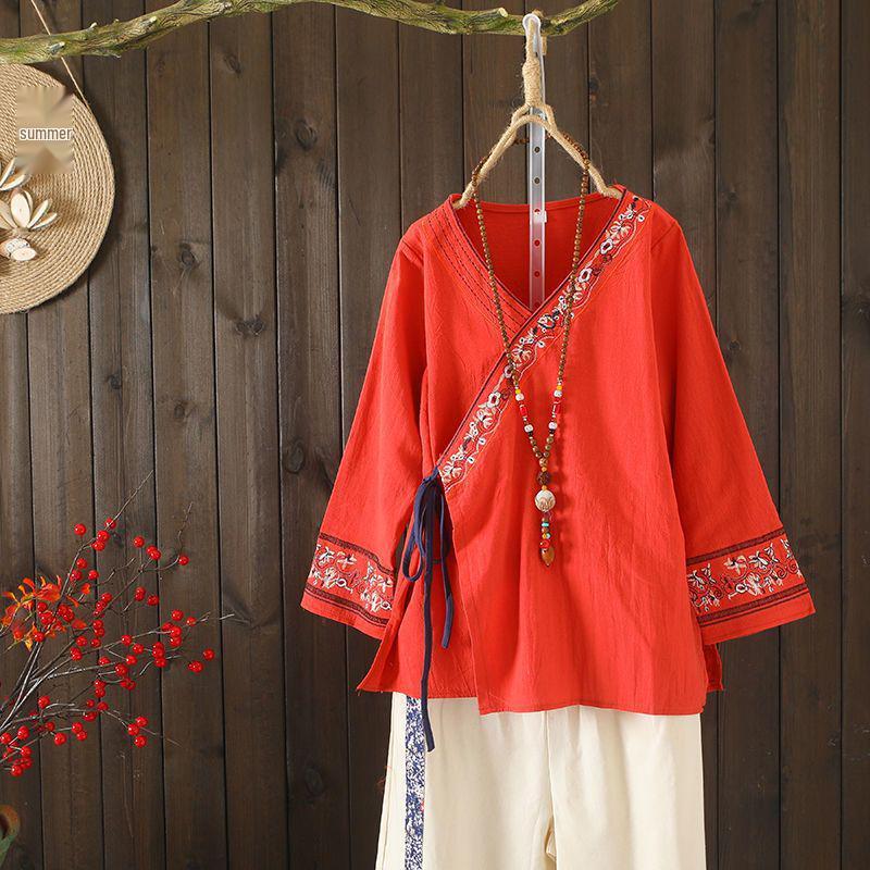 Women's Embroidered Loose Cotton Linen Blouse Cardigan - Tie-Up Spring/Summer Top