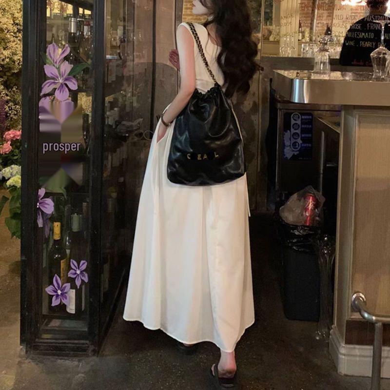 Elegant French White Sleeveless Summer Dress with Slimming Square Neck and Cinched Waist