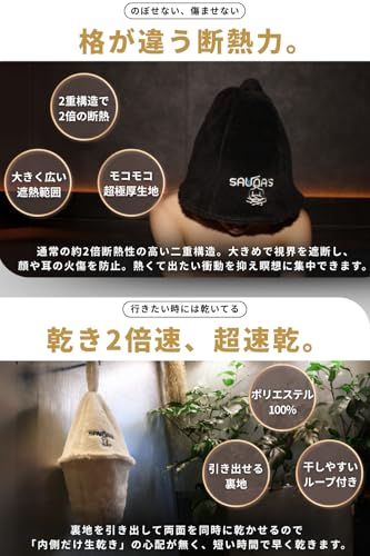 Saunas Sauna Hat Mark I, Men's Large, Deep Sauna Hat with Soft, Thick, Double-Layered Towel, Easy to Carry, Matching, Washable, Stylish (Stone Black)