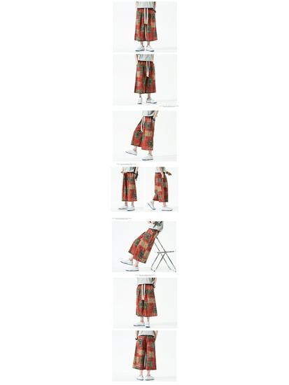 2022 Men's Summer Chinese Print Cotton Linen Capri Pants, Plus Size, Casual Wide Leg Style