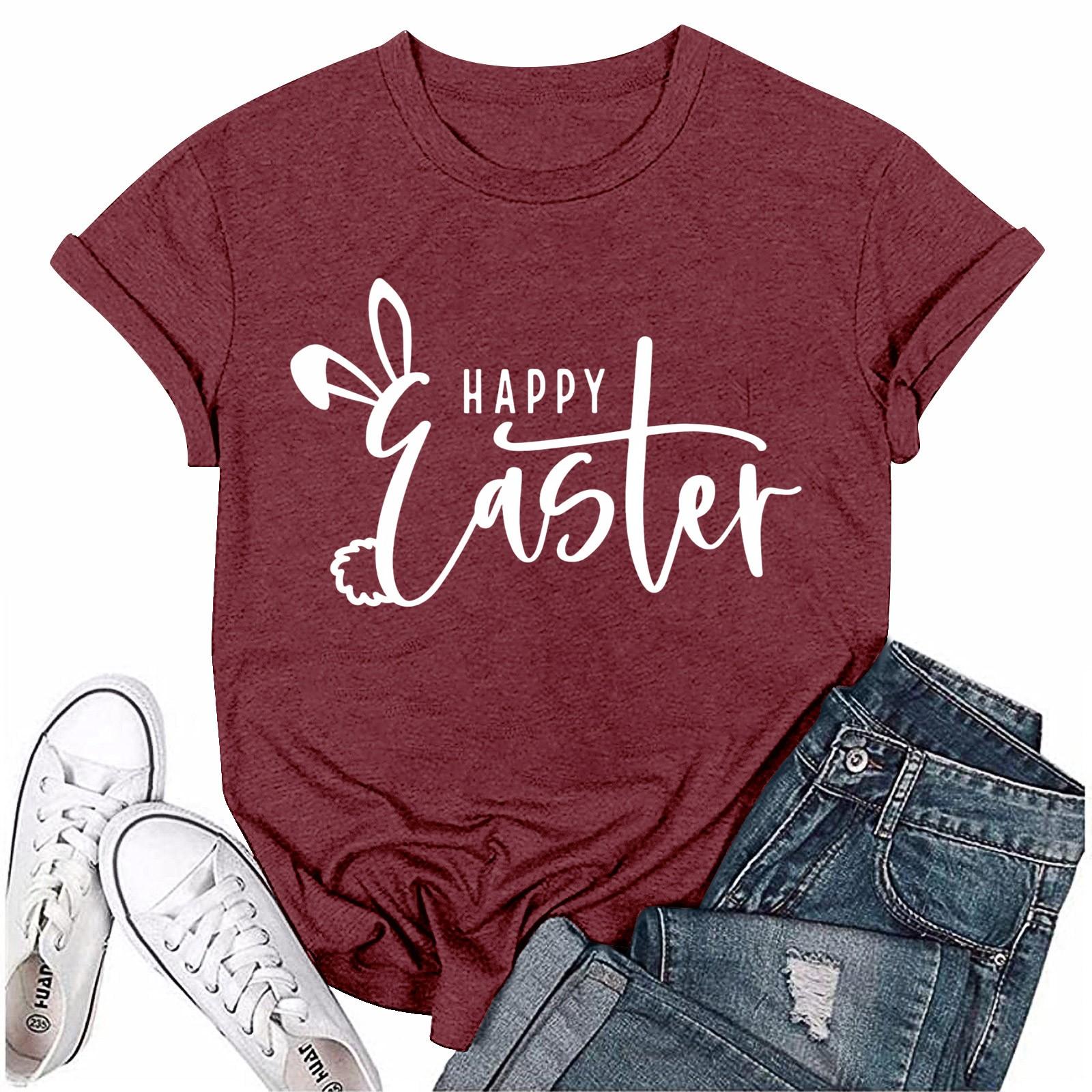 

Женская модная пасхальная принтованная повседневная плиссированная круглая футболка с коротким рукавом S винный