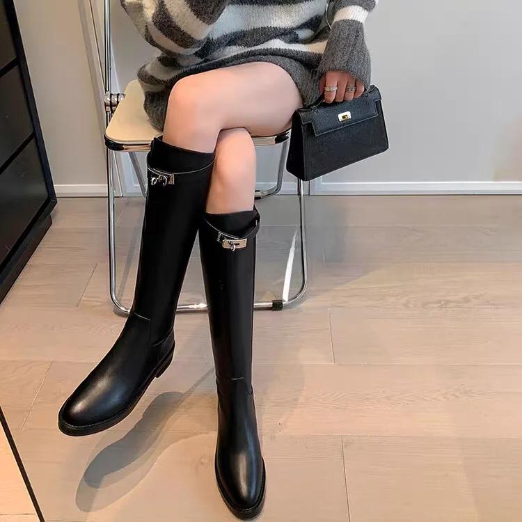 2025 Autumn Winter round Toe Belt Bule Long Boots Women Knee High Slimming Knight Boots Korean High Tube