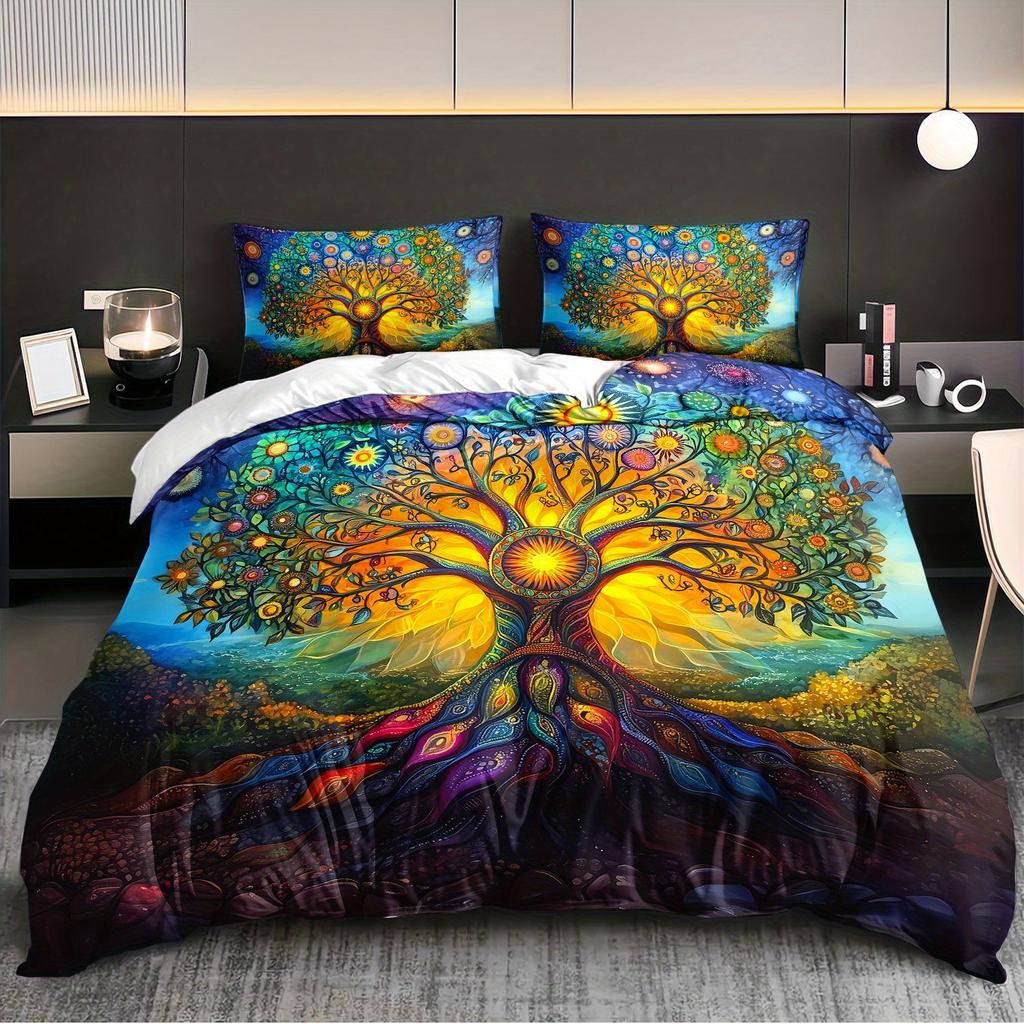 Set di 3 Copripiumini e Trapunte Bohemian Albero della Vita Psichedelico Set Letto a Tema Mandala Vibrante