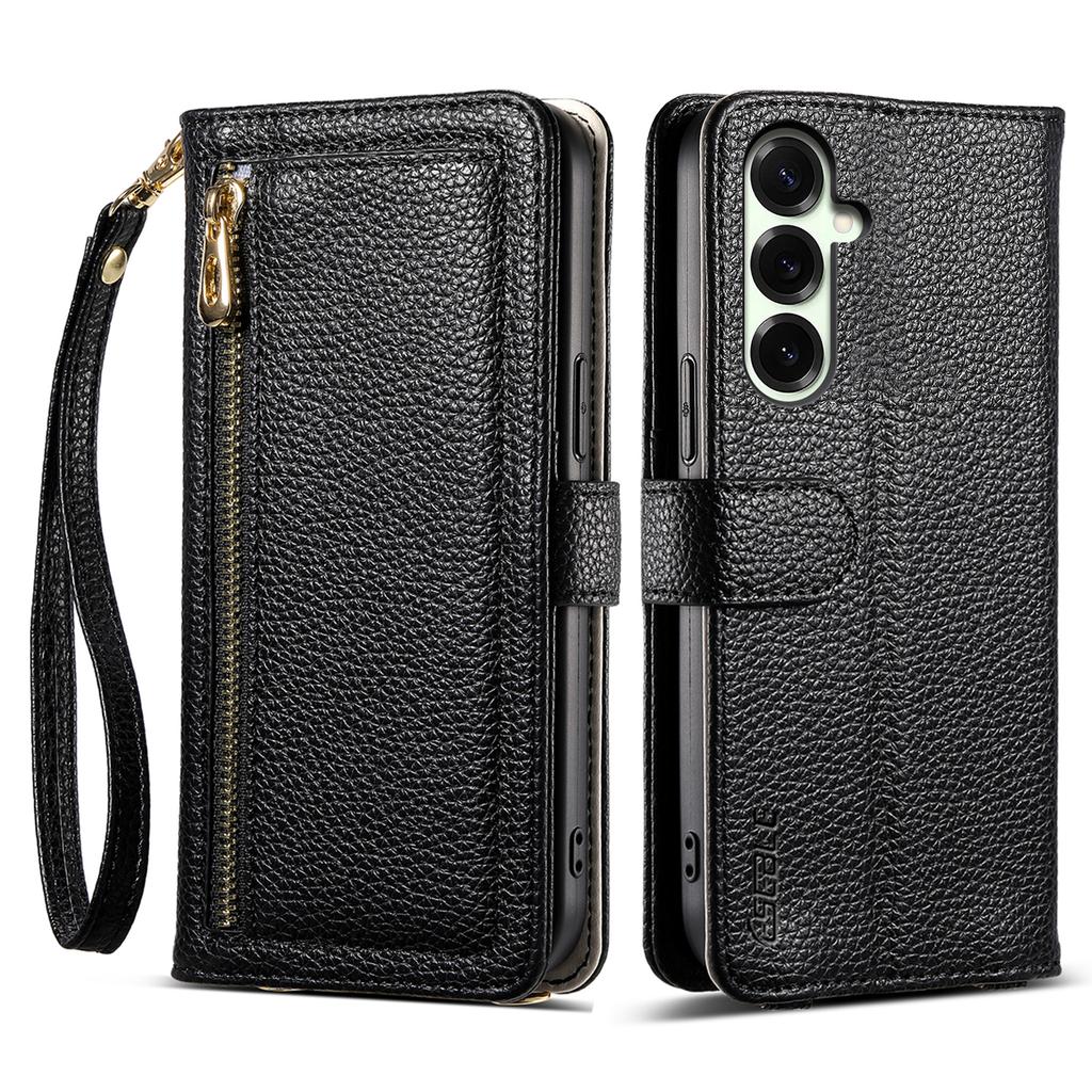 ESEBLE E11 For Samsung Galaxy S24 Case Zipper Pocket Litchi Texture Leather Phone Cover with Mirror and Wrist Strap