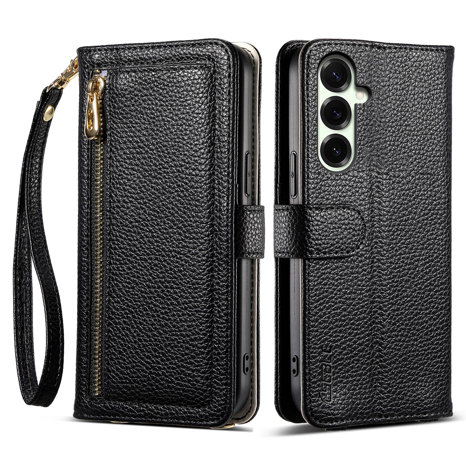 

ESEBLE E11 For Samsung Galaxy S24 Case Zipper Pocket Litchi Texture Leather Phone Cover with Mirror and Wrist Strap Black