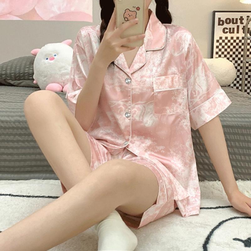 Style Romantic Star River Tie-dye Women's Pajamas French Elegant Classy Short Lady Sleepwear  Summer Home