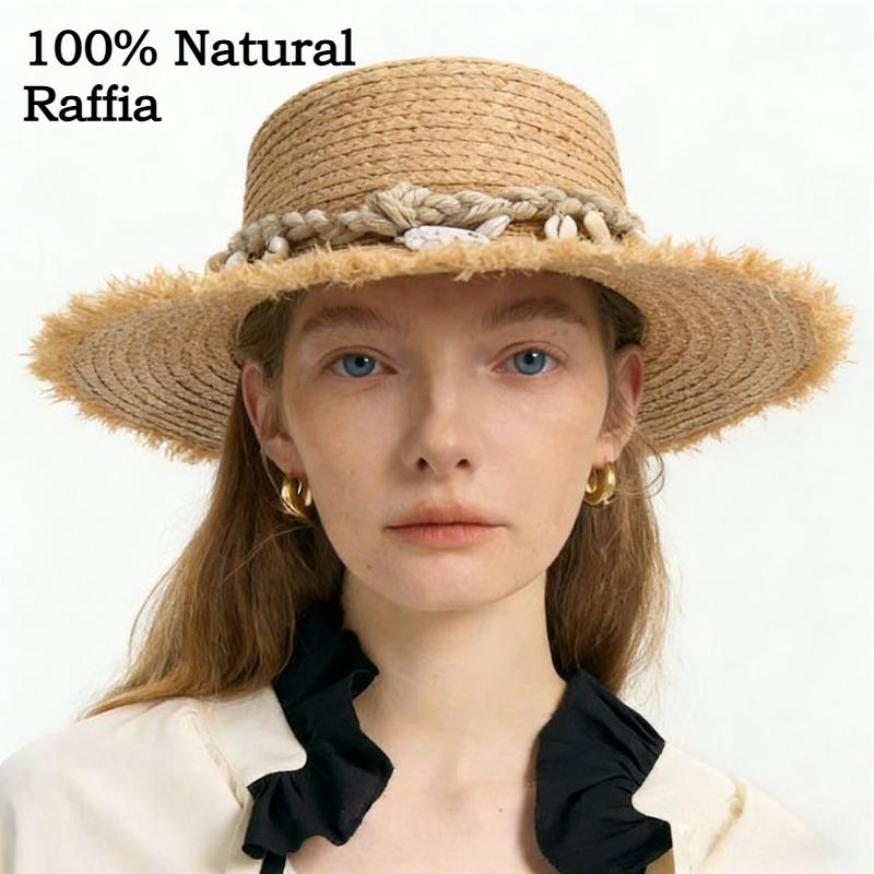Designer 100% Raffia Straw Hat with Shell Trim for Vacation Women Summer Beach Hat Female Korean Travel Sun Protection Falt Hat