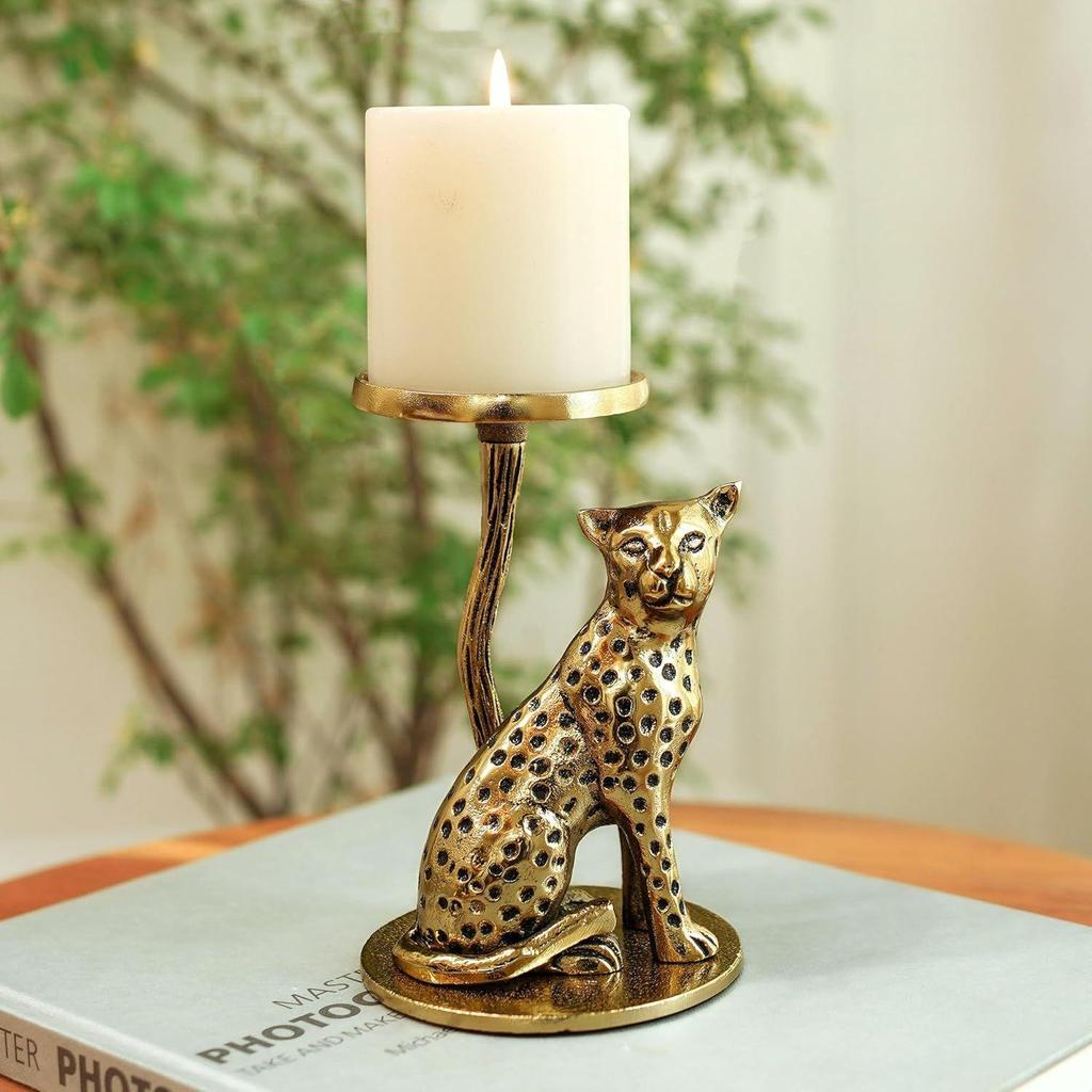 

Aluminium Brass Finish Jaguar Pillar Candle Holder Statue for Home Decor | Tabletop Showpiece for Diwali Navratri Decoration |Gift
