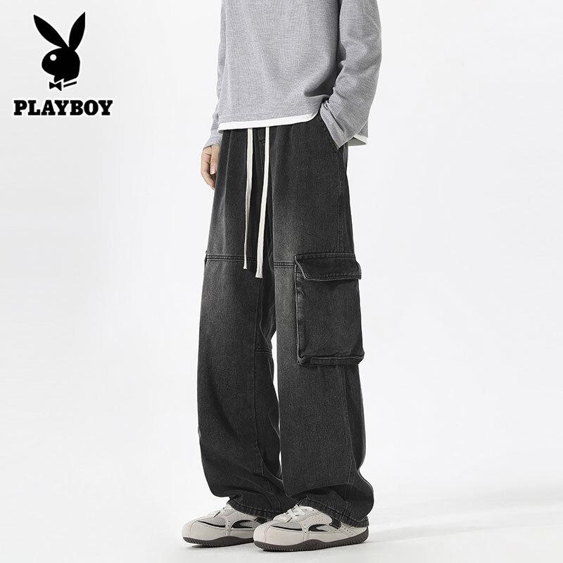 PLAYBOY Men's Loose Straight Leg Multi-Pocket Cargo Denim Pants
