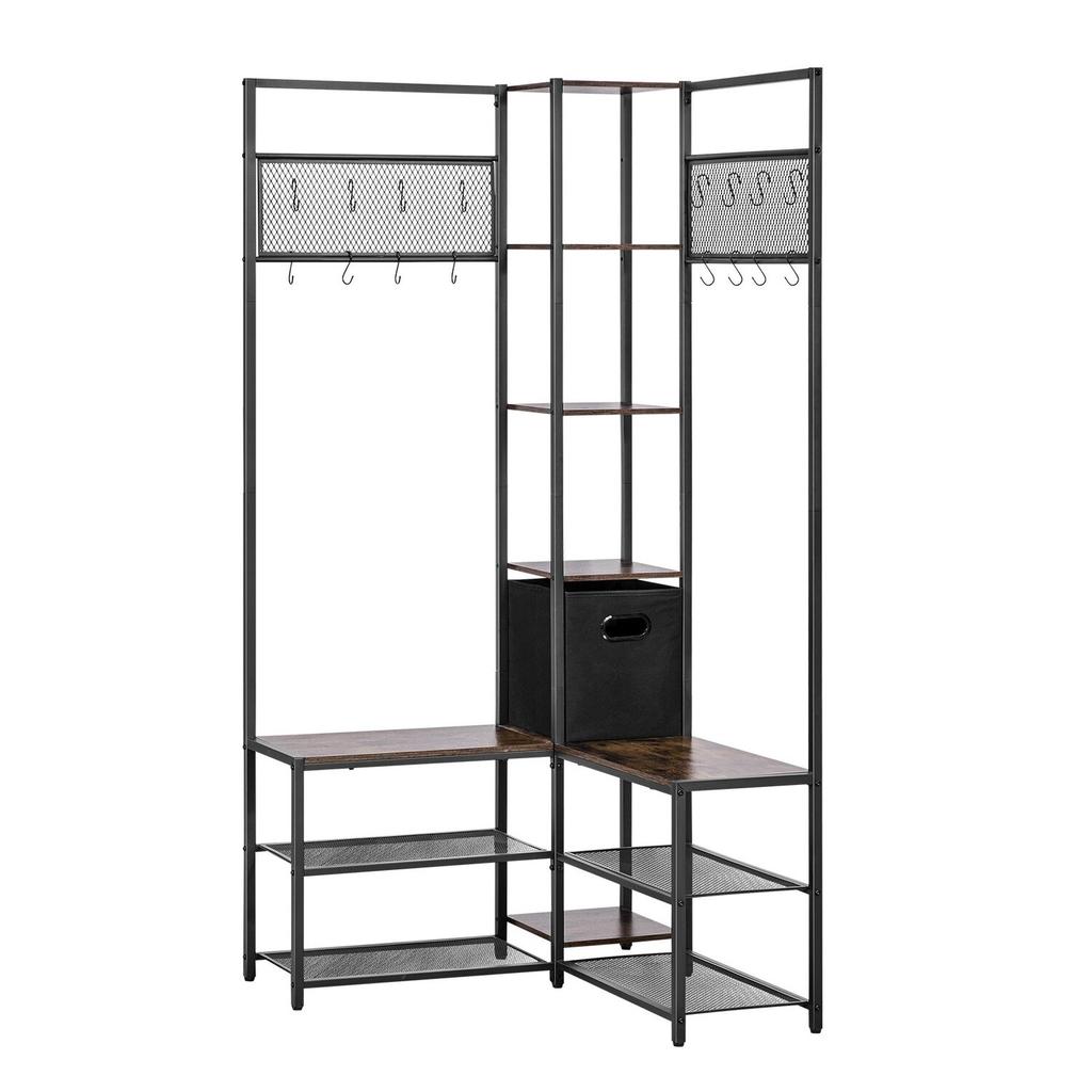Corner Hall Tree with Shoe Bench, 1800 mm Coat Rack with Hooks and Steel Frame, Freestanding Clothes Shoes Rack Storage Organizer with Anti-Tip Set,