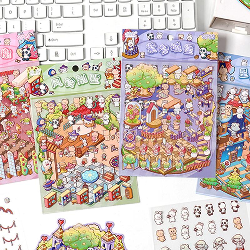 4 Style PET Material Stickers Children'S DIY Mini Cartoon 3D Landscaping Fun Collage background sticker Hand Account Accessories