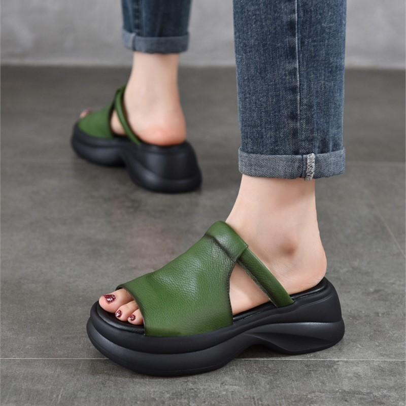 Johnature Lightweight And Thick Soled Genuine Leather Slippers Peep Toe Women's Platform Sandals