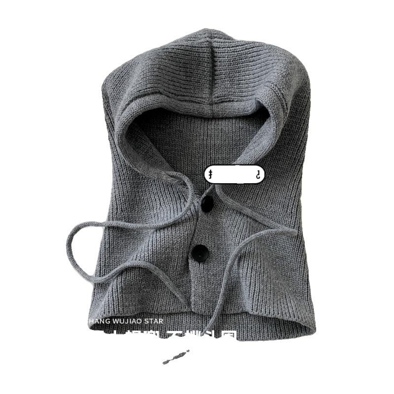 Korean balaclava hat for women, winter warm hat with integrated neck warmer, couple's style, ear protection, knitted wool hat
