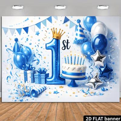 2D Blue Crown Number 1 Backdrop for Baby Boy 1st Birthday Party Photoshoot