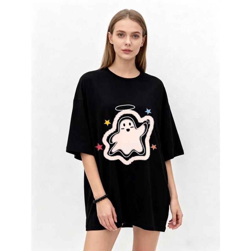

Oversized T Shirt Black Cute Ghost With Halo And Stars Print Casual Wear For Women Summer Streetwear Fashion Top XXXL чорний