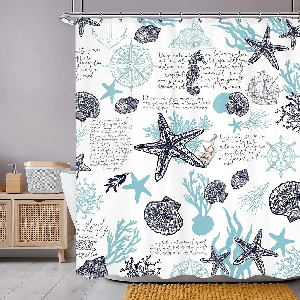 Mermaid Kids Shower Curtain Colourful Cartoon Sea Creatures Starfish Cute Girls Bathroom Decor Polyester Fabric Hanging Curtains