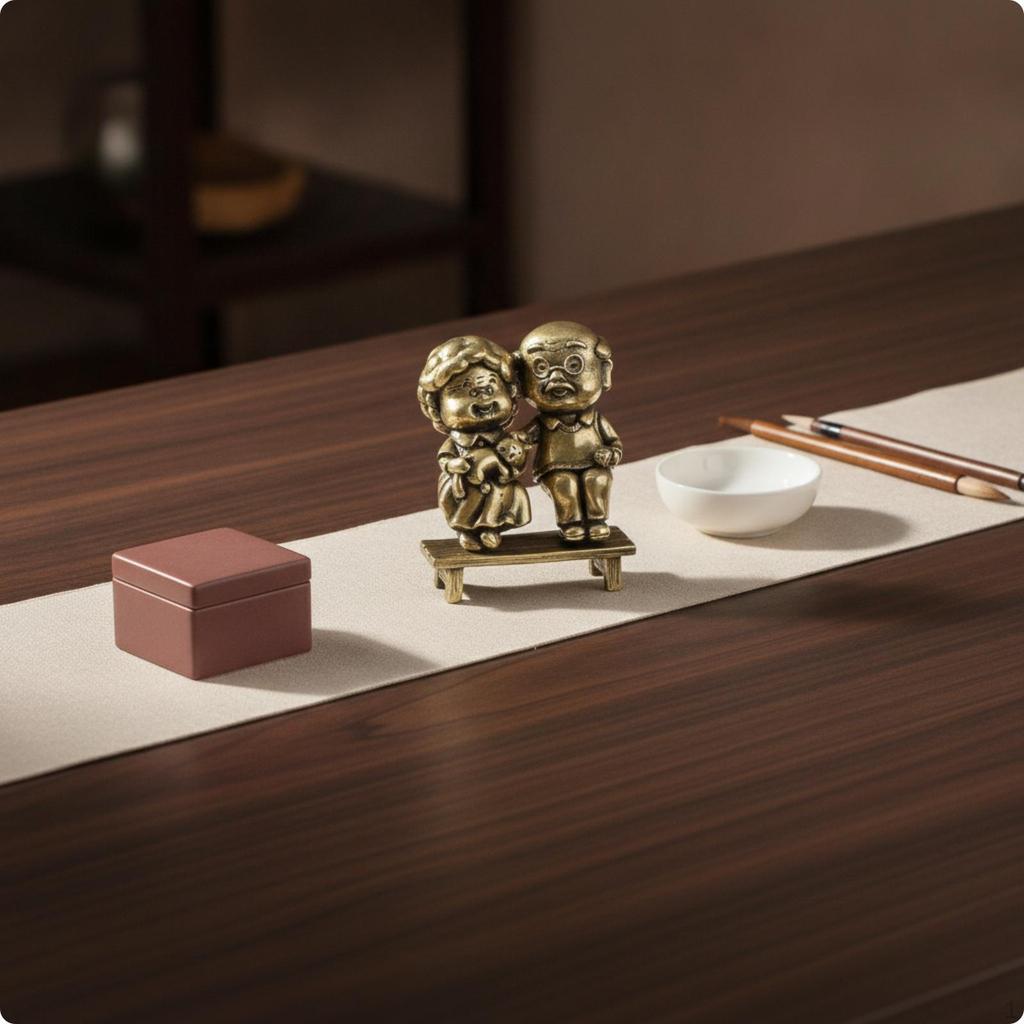 Elderly Couple Statue Brass Figurine with Bench MetalFinish for Couples, Desk