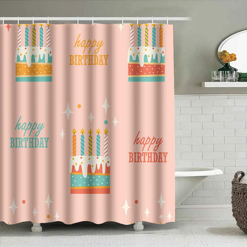 Happy Birthday Shower Curtain With Cake Pattern Pink Color Decorative Waterproof Bath Mat Cover Set Perfect Gift For Birthday Pa