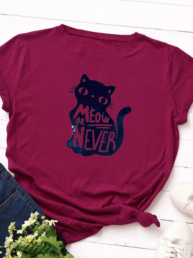 Meow or Never Cat Print Women T Shirt Short Sleeve O Neck Loose Women Tshirt Ladies Tee Shirt Tops Clothes Camisetas Mujer