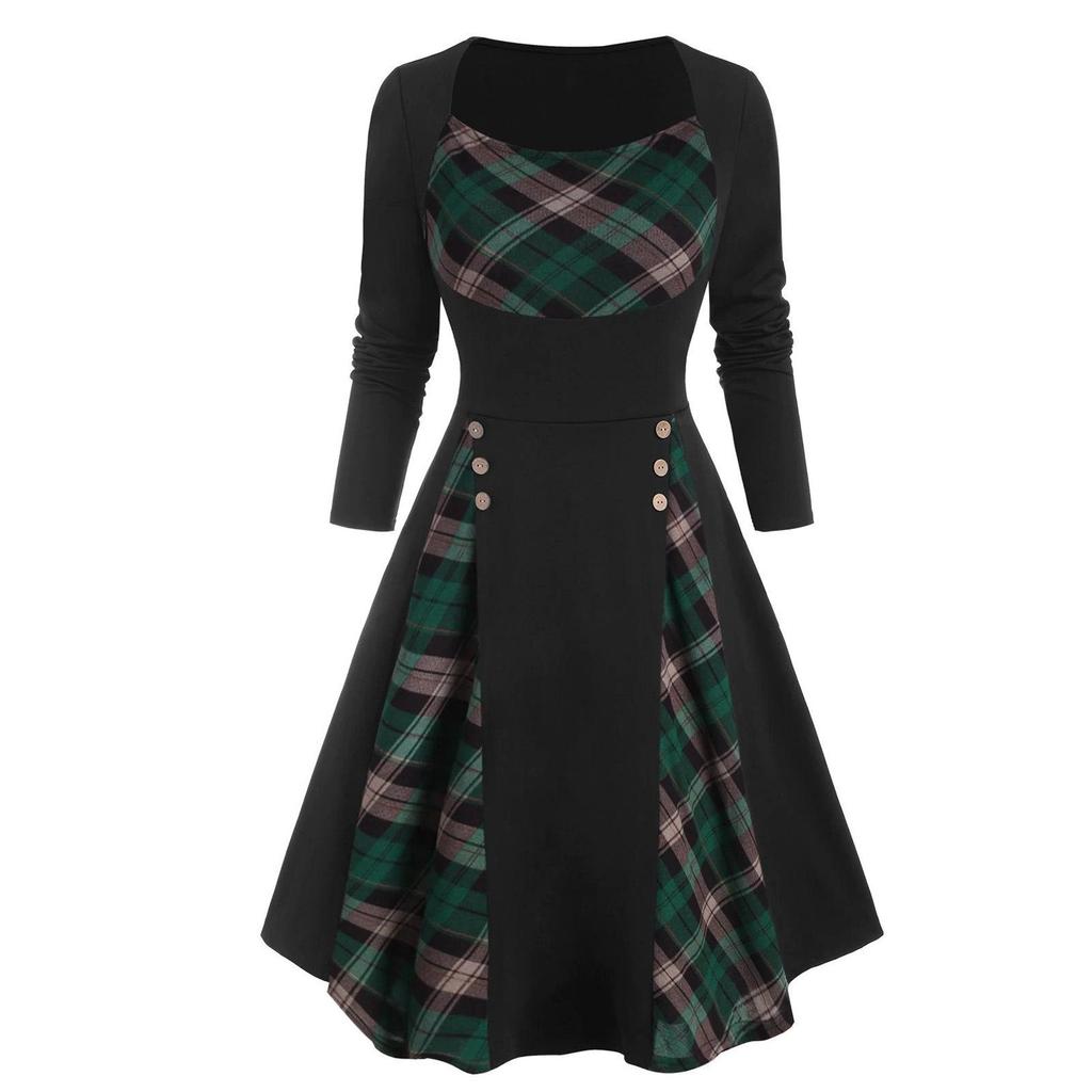 Abito da Donna Vestiti Vintage Scollo Rotondo Patchwork a Quadri Bottoni Finti Manica Lunga Abito da Cocktail