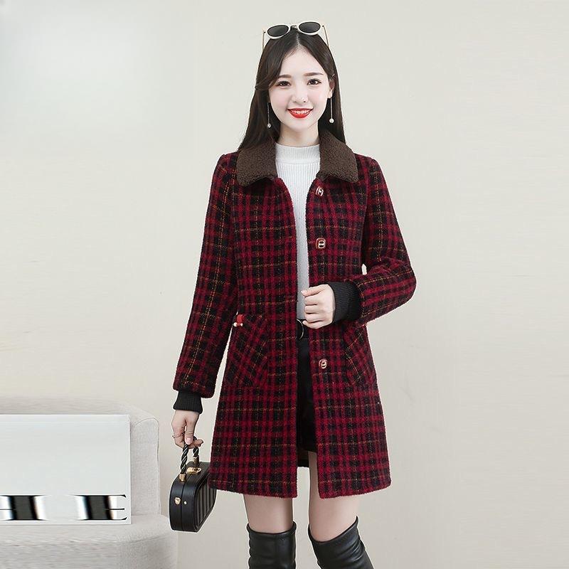 

Женское зимнее клетчатое пальто, стройнящее, с добавлением бархата и плотное, мамино большого размера, средней длины, стильное теплое пальто XS красный