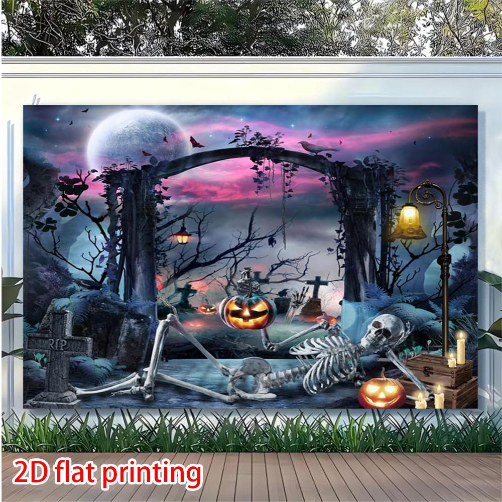 2D flaches Banner, 1 Halloween-Party-Hintergrundbanner, mit böser Totenkopffigur und bösem Kürbis-Muster-Hintergrunddesign