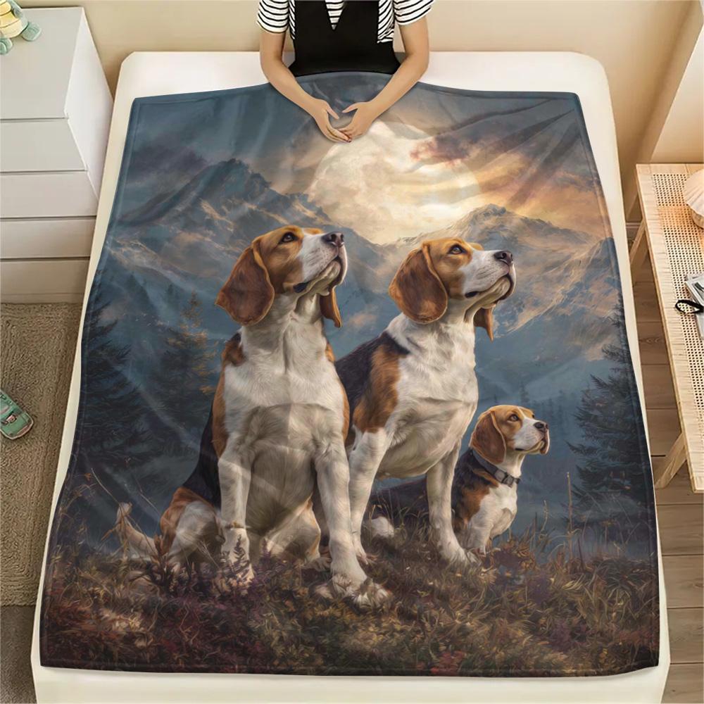 1PC Moonlit Canine Pack Print Flannel Blanket, High quality Comfortable for All Seasons, Home Decor, Warmth and Comfort