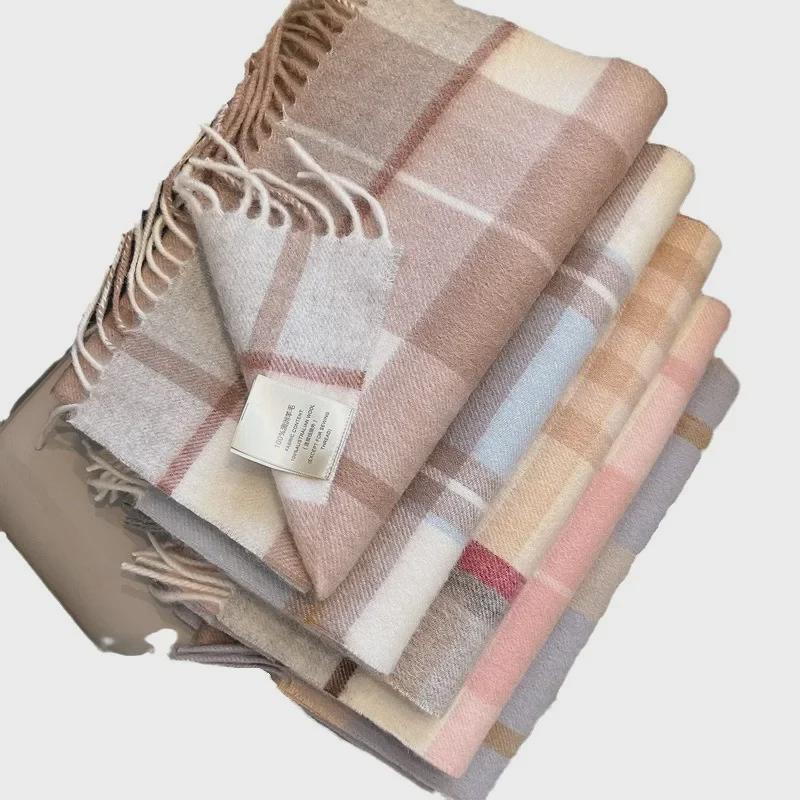 "2024 Luxurious Women's Wool Plaid Scarf - Colorful, Warm, Long with Tassels for Autumn & Winter"